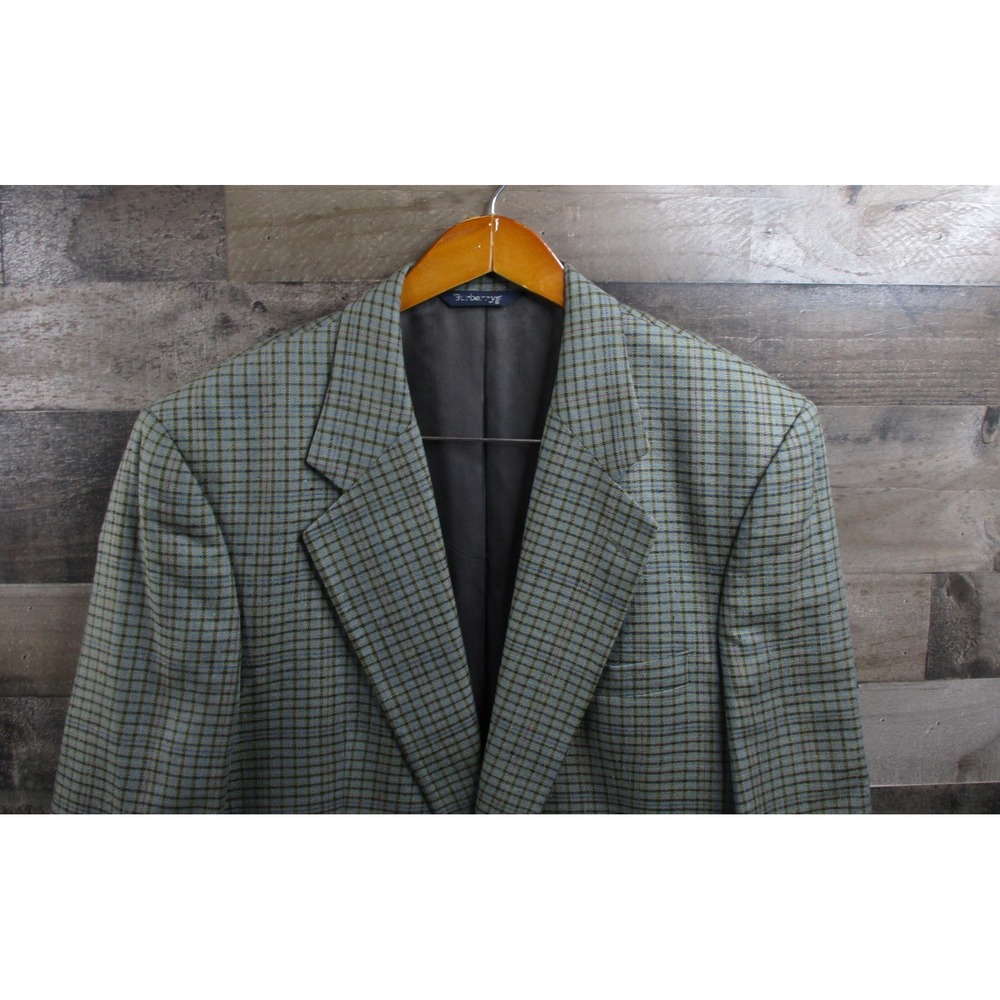 VINTAGE Burberrys Blazer Mens 44R Green Blue Glen Plaid 100% Silk Made USA